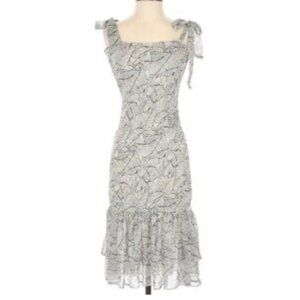Lena Midi Tea Dress S Small Cream Black Smocked Washable NEW